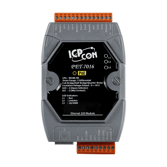 PET-7016 PoE I/O Module, 2-ch Strain Gauge Input, 2-ch DI, 2-ch DO