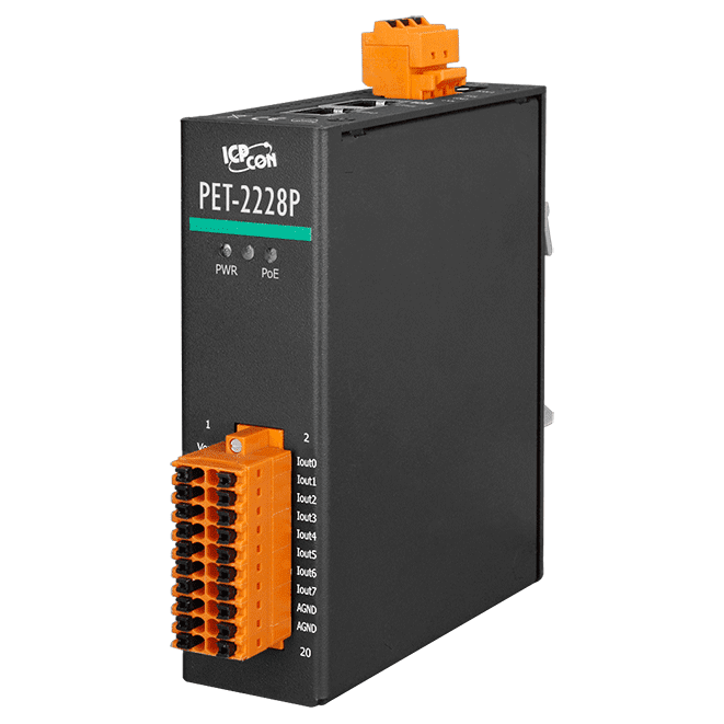 PET-2228P PoE Ethernet I/O Module, 8-ch 16-bit Analog Output