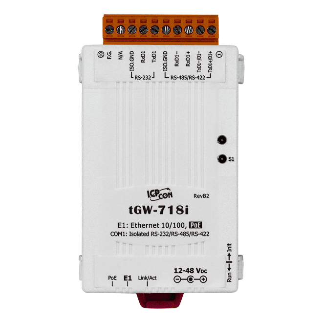 tGW-718i Modbus TCP to RTU/ASCII Gateway, PoE, 1-port Isolated RS-232/422/485