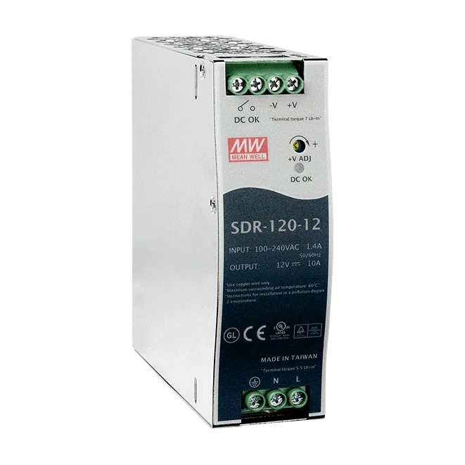 SDR-120-12 DIN-Rail Power Supply, 88~264 VAC to 12 VDC/10 A, 120 W