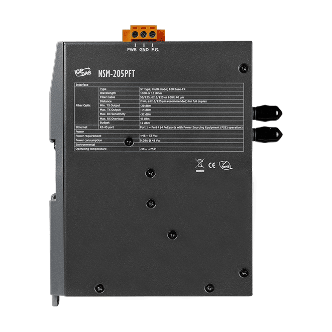 NSM-205PFT Unmanaged PoE Fiber Switch, 4 x RJ-45 PSE + 1 x 100Base-FX ST