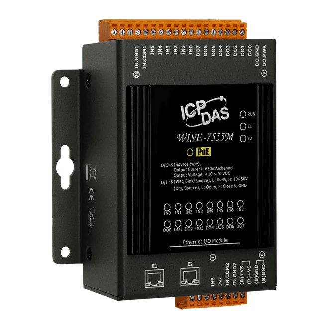 WISE-7555M MQTT I/O Module, 8-ch DI, 8-ch DO, 2-port Switch and PoE