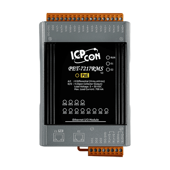 PET-7217RMS PoE Ethernet I/O Module, 8-ch True RMS AI, 4-ch DO