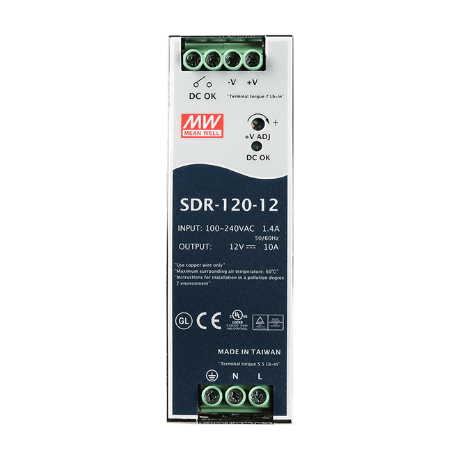 SDR-120-12 DIN-Rail Power Supply, 88~264 VAC to 12 VDC/10 A, 120 W