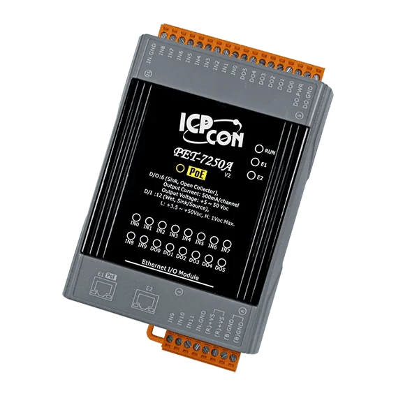 PET-7250A PoE Ethernet I/O Module with 2-port Switch, 12-ch DI, 6-ch DO