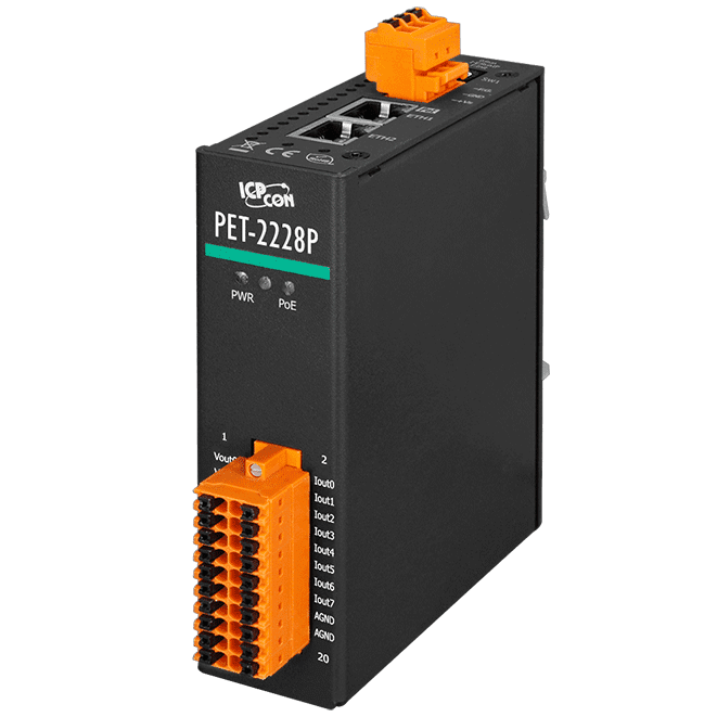 PET-2228P PoE Ethernet I/O Module, 8-ch 16-bit Analog Output