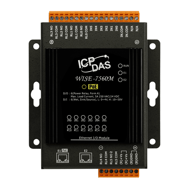 WISE-7560M MQTT I/O Module with PoE, 6-ch DI, 6-ch Power Relay, 2-port Switch