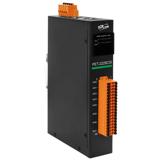 PET-2228CIS PoE Ethernet I/O Module, 8-ch Analog Output with 2-port Switch
