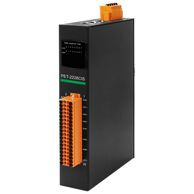 PET-2228CIS PoE Ethernet I/O Module, 8-ch Analog Output with 2-port Switch