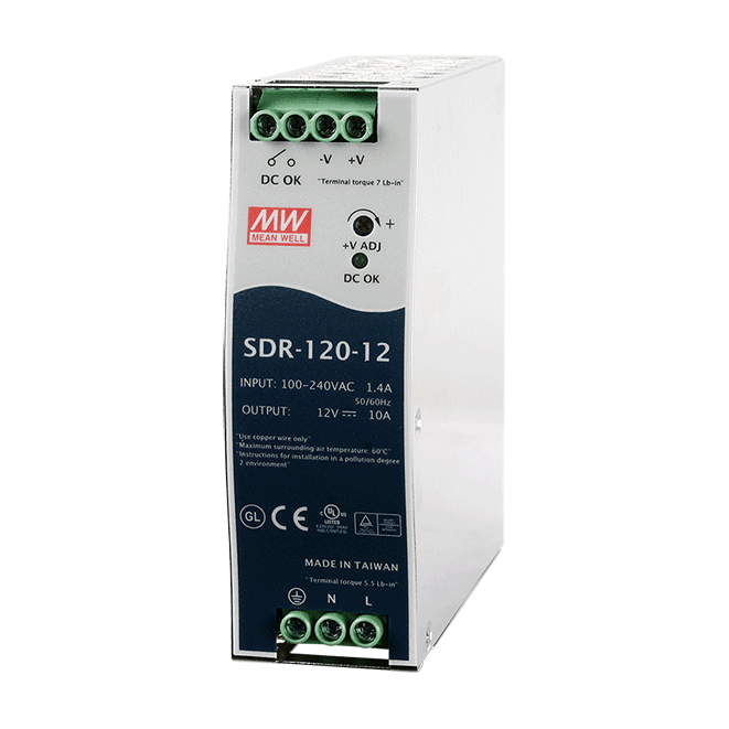 SDR-120-12 DIN-Rail Power Supply, 88~264 VAC to 12 VDC/10 A, 120 W